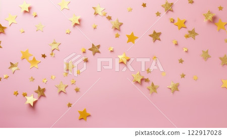 Gold star confetti on a pink background with space for text. Banner, poster, ai 122917028