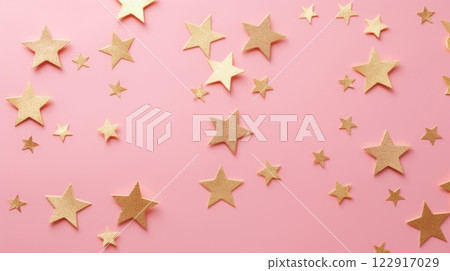 Gold star confetti on a pink background with space for text. Banner, poster, ai Gold star confetti on a pink background with space for text. Banner, poster, ai 122917029