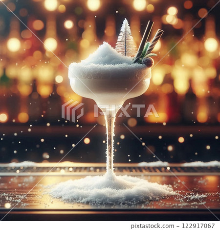 A beautifully decorated cocktail topped with snow sits on a bar counter, surrounded by twinkling lights and holiday-themed decor, creating a cozy festive ambiance 122917067