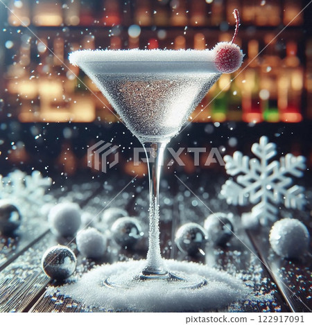A beautifully frosted cocktail glass filled with a sparkling drink and garnished with a cherry stands on a wooden bar. Snowflakes and shiny ornaments create a festive winter ambiance A beautifully frosted cocktail glass filled with a sparkling drink and garnished with a cherry stands on a wooden bar. Snowflakes and shiny ornaments create a festive winter ambiance 122917091