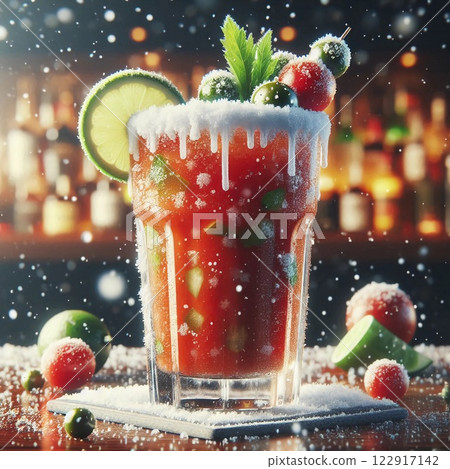 A vibrant cocktail sits on a wooden bar counter, adorned with lime slices and colorful berries. Soft snowflakes fall, creating a festive atmosphere in the background 122917142