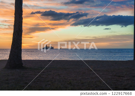 A serene sunset scene with a cruise ship on the horizon, vibrant sky hues, a tree trunk in the foreground, and a sandy beach in Hawaii. 122917668