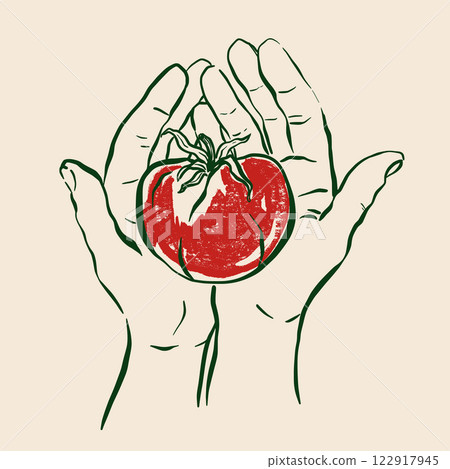 Vector vegetable doodle illustration of tomato in your hands. Hand-drawn garden harvest sketch. Organic farm graphics. Tasty food for design, veggie market drawing print, fabric, background. Vector vegetable doodle illustration of tomato in your hands. Hand-drawn garden harvest sketch. Organic farm graphics. Tasty food for design, veggie market drawing print, fabric, background. 122917945