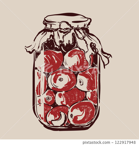 Vector vegetable doodle illustration of pickled tomatoes in a jar. Hand-drawn garden harvest sketch. Organic farm graphics. Tasty food for design, veggie market drawing print, fabric or background. 122917948