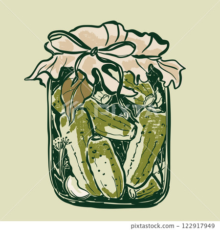 Vector vegetable doodle illustration of pickled cucumbers in a jar. Hand-drawn garden harvest sketch. Organic farm graphics. Tasty food for design, veggie market drawing print, fabric or background. Vector vegetable doodle illustration of pickled cucumbers in a jar. Hand-drawn garden harvest sketch. Organic farm graphics. Tasty food for design, veggie market drawing print, fabric or background. 122917949
