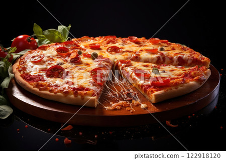 macro delicious pizza with lots of cheese on a dark background, 122918120