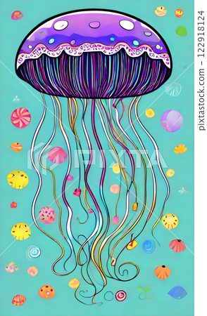 a jellyfish with many different colors and sizes of jellyfishs around it, 122918124