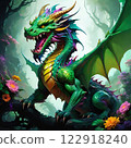 The image of a dangerous dragon with green scales and a yellow underbelly 122918240