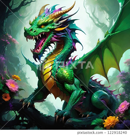 The image of a dangerous dragon with green scales and a yellow underbelly The image of a dangerous dragon with green scales and a yellow underbelly 122918240