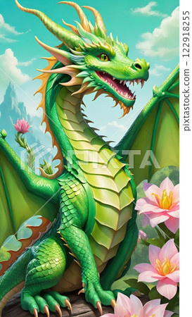 The image of a cartoon dragon with a castle in the background on a sunny day. The image of a cartoon dragon with a castle in the background on a sunny day. 122918255