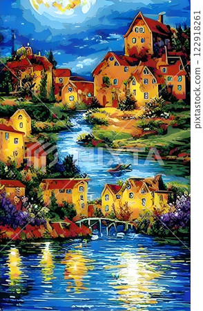 a painting of a river and houses with a full moon in the sky above it and a bridge in the foreground, 122918261