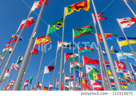 Many world's countries national flags waving on the wind, with Brazilian, Moorish, Sri Lancan Azerbaijani banners in the foreground, Doha, Qatar 122918875