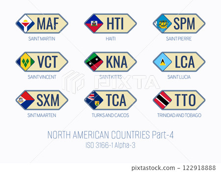 Set of vector illustrations of ISO 3166 1 alpha 3 and flags of NORTH AMERICAN COUNTRIES . Part 4. Set of vector illustrations of ISO 3166 1 alpha 3 and flags of NORTH AMERICAN COUNTRIES . Part 4. 122918888