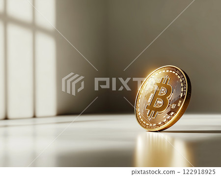 Golden Bitcoin coin standing on a reflective surface with soft sunlight 122918925