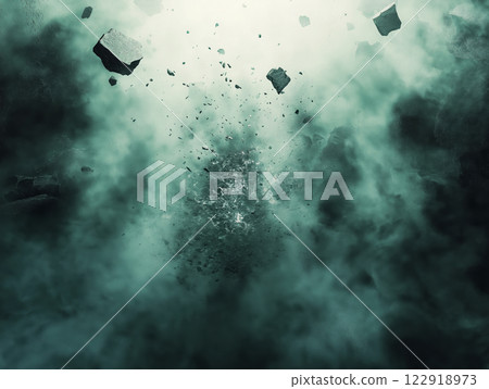 Massive explosion with debris and smoke in an intense atmosphere Massive explosion with debris and smoke in an intense atmosphere 122918973