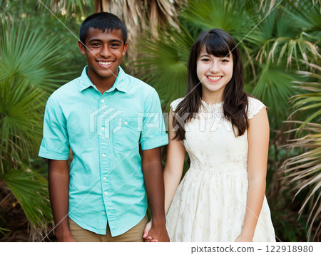 Smiling young couple holding hands in a lush green outdoor Smiling young couple holding hands in a lush green outdoor 122918980