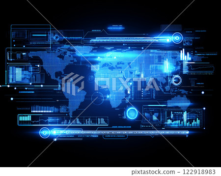 Futuristic digital world map with glowing blue HUD interface elements 122918983