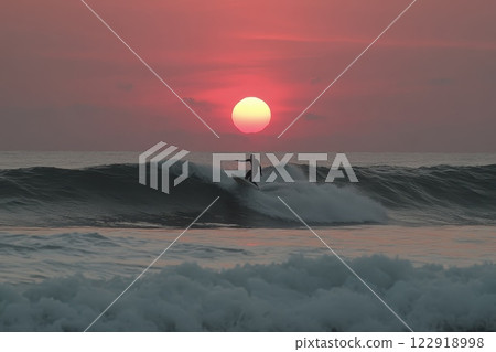 Surfer Catching Perfect Wave at Sunset Over Ocean Horizon with Reflections in Water 122918998