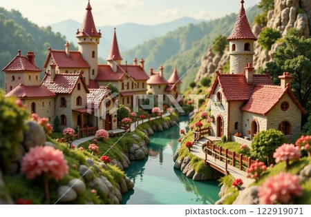Fairytale castle kingdom built of marzipan. AI generated illustration cartoon style for the the International Marzipan Day, which is celebrated yearly on January 12 122919071