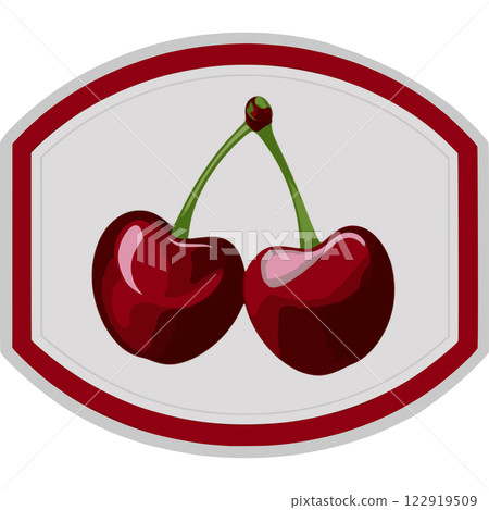 A decorative badge with a deep cherry red border, and two cherries in the center 122919509