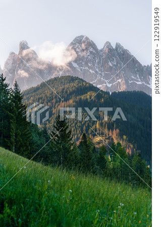 Majestic mountain range landscape near Valley of Funes, Dolomites, Italy near Valley of Funes at Dolomites, Italy Majestic mountain range landscape near Valley of Funes, Dolomites, Italy near Valley of Funes at Dolomites, Italy 122919549