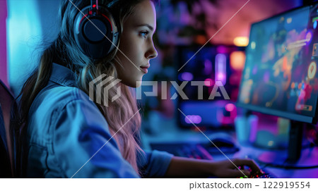 Girl gaming in a brightly lit room with colorful LED lights and a computer setup during the evening hours, focusing intently on the screen Girl gaming in a brightly lit room with colorful LED lights and a computer setup during the evening hours, focusing intently on the screen 122919554