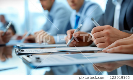 Business professionals engaged in a meeting while reviewing documents at a conference table in urban office 122919565