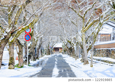 Snow-covered Akizuki Castle ruins in winter, approach to the castle, Asakura City, Fukuoka Prefecture 122919865