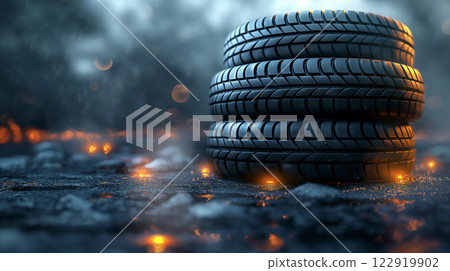 Well organized stacks of tires  122919902