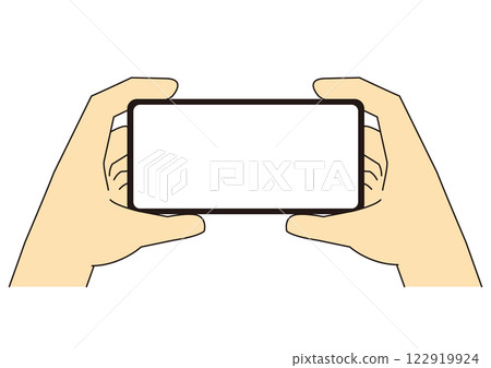 Illustration of a hand holding a smartphone horizontally with both hands_2_with main lines Illustration of a hand holding a smartphone horizontally with both hands_2_with main lines 122919924