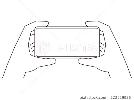 Illustration of a hand holding a smartphone horizontally with both hands_2_with main lines_monochrome 122919926