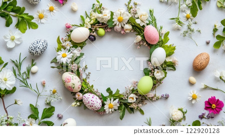 a beautifully crafted Easter wreath made of colorful spring flowers, green leaves, and decorated eggs a beautifully crafted Easter wreath made of colorful spring flowers, green leaves, and decorated eggs 122920128