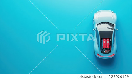 a sleek, futuristic electric car viewed from a top-down perspective, featuring a transparent section revealing its battery system 122920129