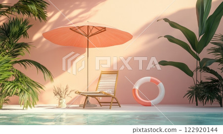 a wooden lounge chair, a soft pink umbrella, a lifebuoy, and lush green tropical plants 122920144