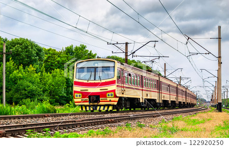 Ukrainian-built electric commuter train in Horlivka, Donetsk region of Ukraine, currently occupied by Russia 122920250