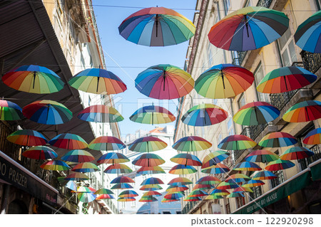 From below shot of rainbow umbrellas hanging in From below shot of rainbow umbrellas hanging in 122920298