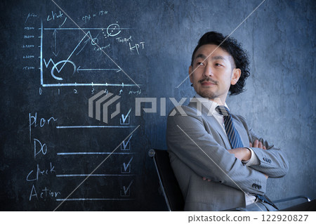 Image of a bearded businessman in a suit and advertising and marketing Image of a bearded businessman in a suit and advertising and marketing 122920827