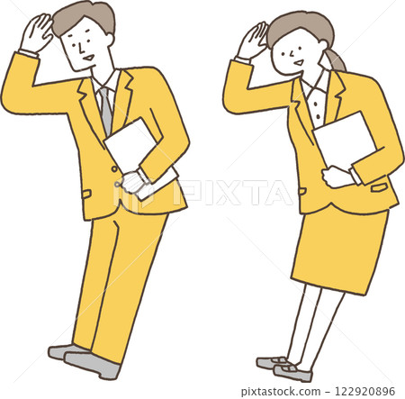 Men and women in suits looking around with smiles Men and women in suits looking around with smiles 122920896