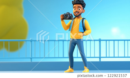 Man Practicing Photography A vibrant, modern 3D cartoon illustration. 122921537