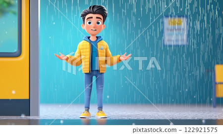 Man Waiting in the Rain A vibrant, modern 3D cartoon illustration. 122921575
