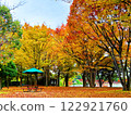 有綠色遮陽傘和秋葉的公園 122921760
