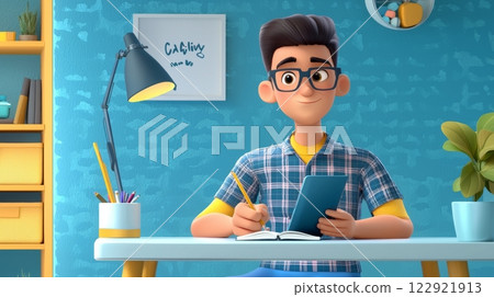 Man Writing in Notebook A vibrant, modern 3D cartoon illustration. 122921913