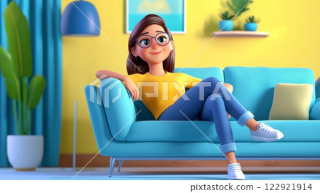 Woman Watching TV A vibrant, modern 3D cartoon illustration. 122921914