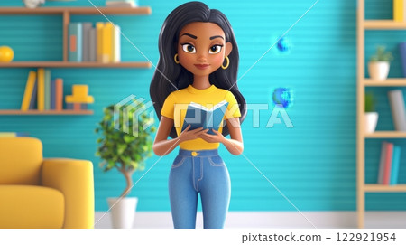 Woman Holding a Book A vibrant, modern 3D cartoon illustration. 122921954