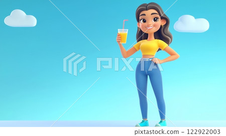 Woman Drinking Juice A vibrant, modern 3D cartoon illustration. Woman Drinking Juice A vibrant, modern 3D cartoon illustration. 122922003
