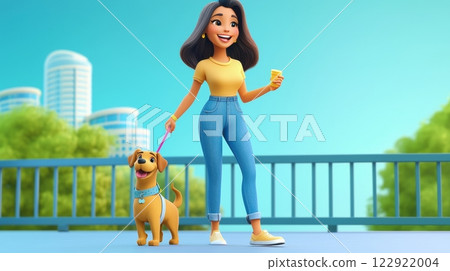 Woman Walking a Dog A vibrant, modern 3D cartoon illustration. Woman Walking a Dog A vibrant, modern 3D cartoon illustration. 122922004