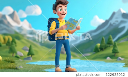 Man Reading a Map A vibrant, modern 3D cartoon illustration. 122922012