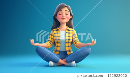 Woman Practicing Meditation A vibrant, modern 3D cartoon illustration. 122922020