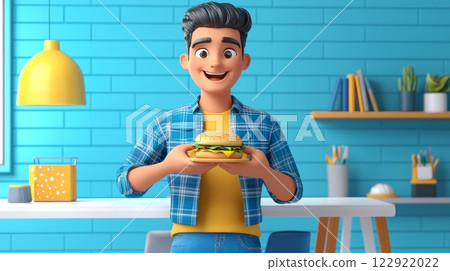 Man Eating a Sandwich A vibrant, modern 3D cartoon illustration. 122922022