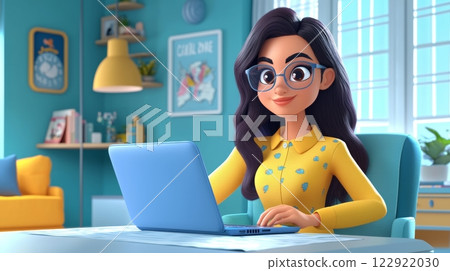Woman Typing on a Laptop A vibrant, modern 3D cartoon illustration. 122922030